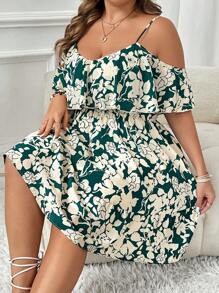 SHEIN VCAY Đầm suông hở vai in họa tiết hoa cỡ lớn cho nữ - Màu xanh lá cây đậm - Xem 8