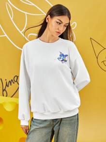 TOM & JERRY X SHEIN Women's Casual Cartoon & Letter Print Oversized Sweatshirt, Spring & Autumn