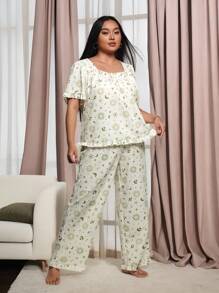 Brenda Ramalho Artist Plus Size Vacation Pajama Set, Square Neck Short Sleeve Top And All-Over Print Pants,Women Clothes,For Summer, Holiday