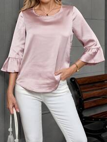 EMERY ROSE Áo Sơ Mi Mùa Thu Màu Hồng Cổ Tròn Và Cổ Tay Xù Lông - Hồng - Xem 4