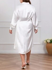 SHEIN Clasi 大码休闲纯色长袖前排纽扣衬衫裙，春秋季 - 白色 - 查看 2