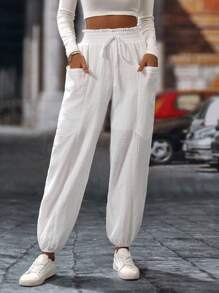 Chiquease 女士休闲纯色抽绳褶腰慢跑裤