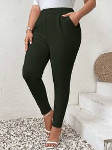 SHEIN Privé Plus Size Solid Color Casual Pocket Pants Spring To Summer - Olive Green - View 1