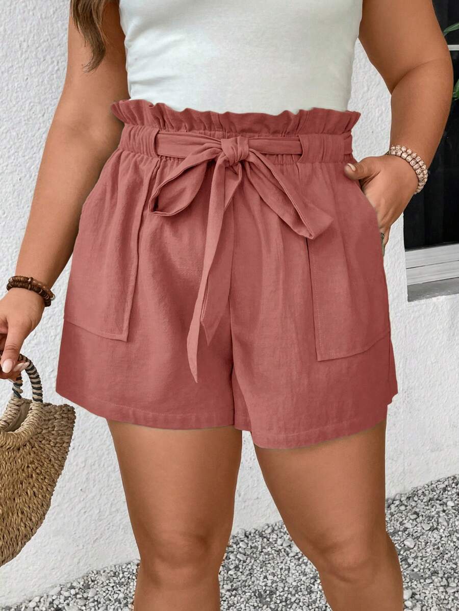 SHEIN Frenchy Plus Size Women Solid Color Ruffle Waist Tie Pocket Loose Casual Shorts