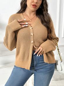 SHEIN Frenchy 大码女士秋季毛衣、老款、女士秋装、秋装、纯色落肩长袖宽松休闲开衫、秋冬