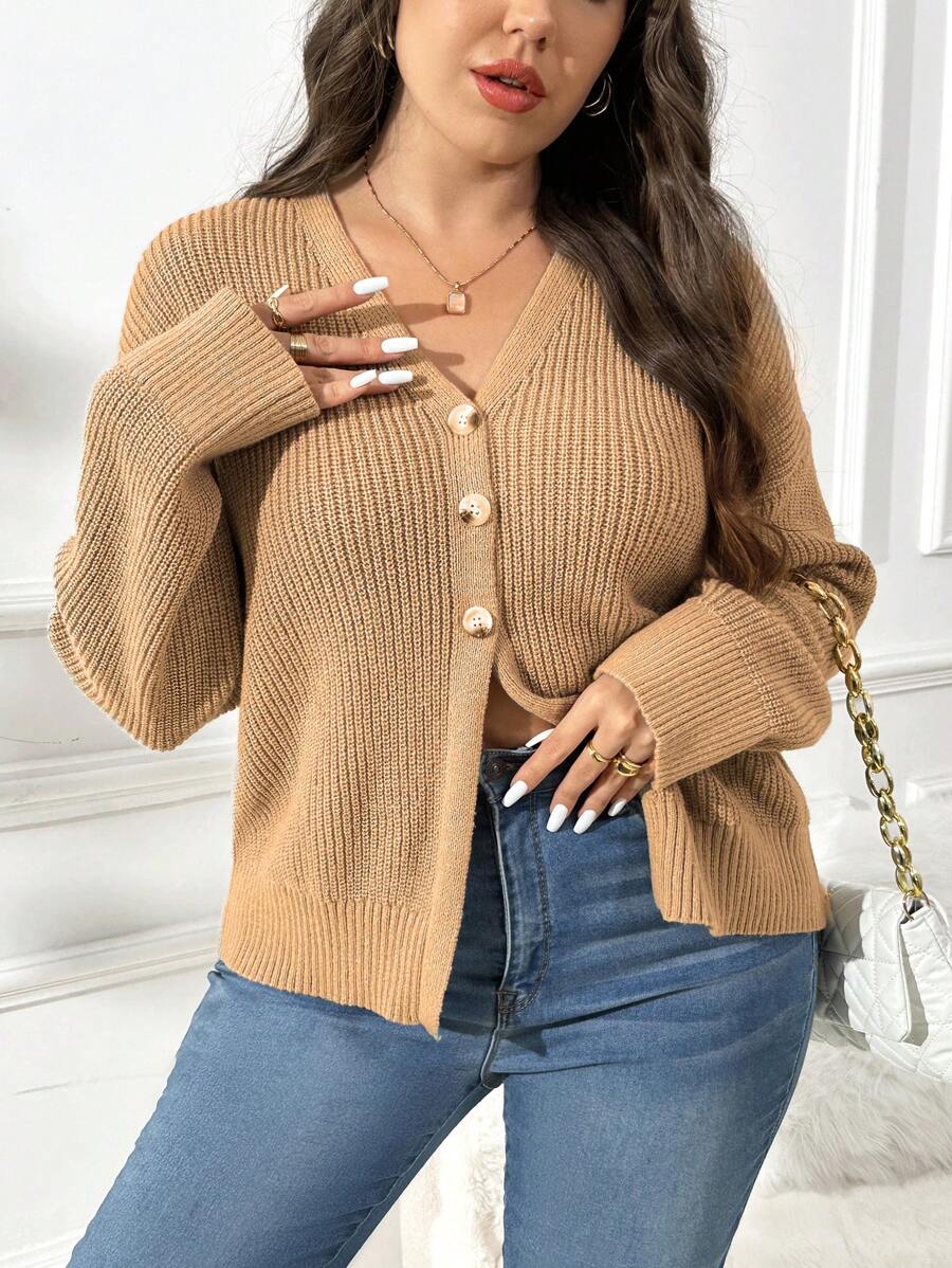 SHEIN Frenchy 大码女士秋季毛衣、老款、女士秋装、秋装、纯色落肩长袖宽松休闲开衫、秋冬