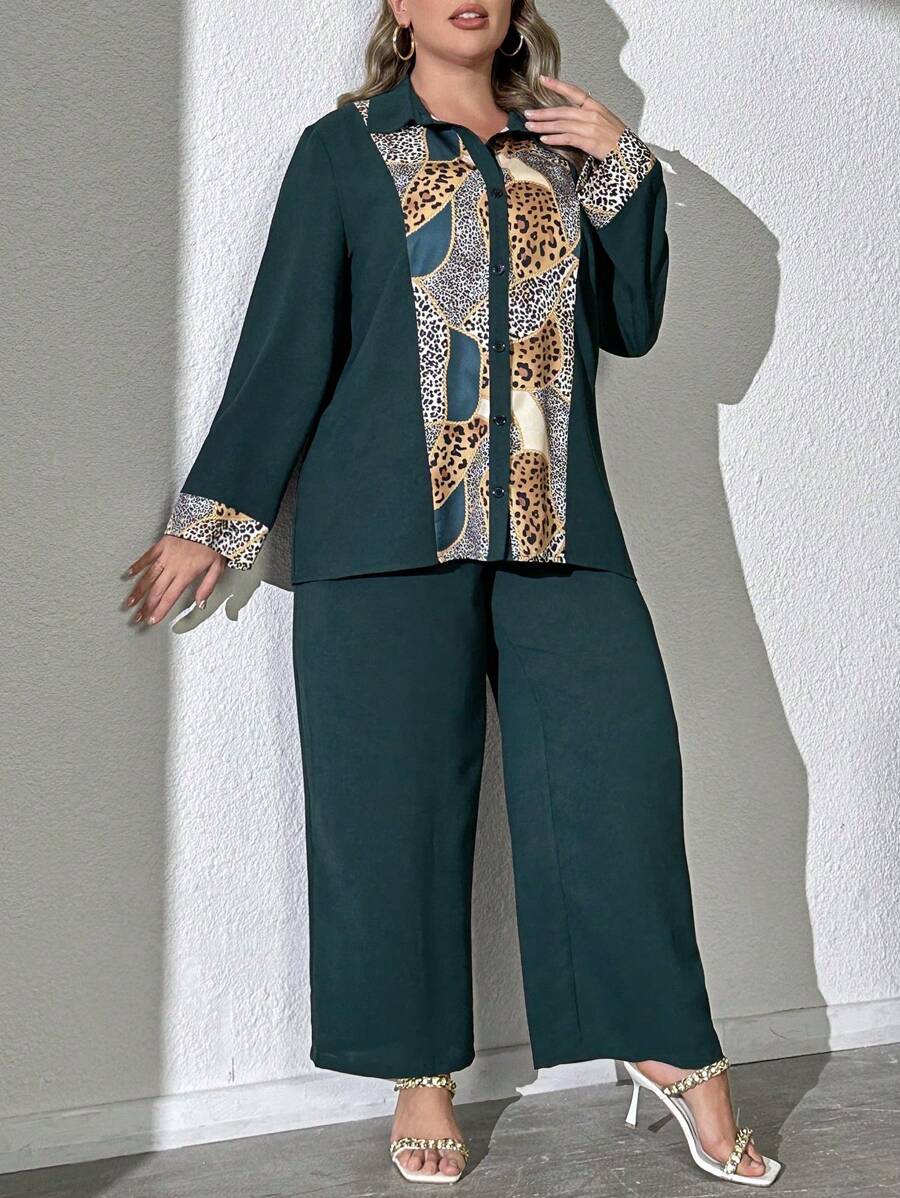 Mulvari Plus Size Spring Autumn Casual Printed Patchwork Long Sleeve Shirt And Pants 2pcs/Set - Dark Green - View 1