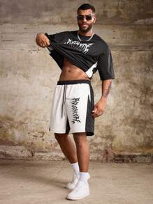 Manfinity LEGND Bộ 2 áo thun tay ngắn cổ tròn in chữ và quần short thường ngày cho nam, mùa hè - Đen và trắng - Xem 5