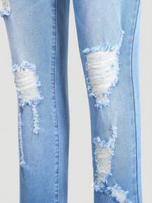 SHEIN 青少年女孩破洞百搭休闲牛仔裤 - 中等水洗藍 - 查看 4