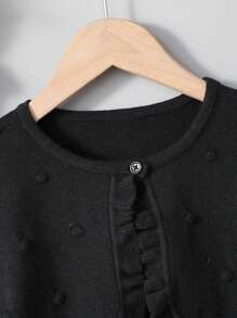 Sparklyn Tween Girl  Solid Color Ruffle Hem Long Sleeve Cropped Cardigan, Spring Autumn - Black - View 6