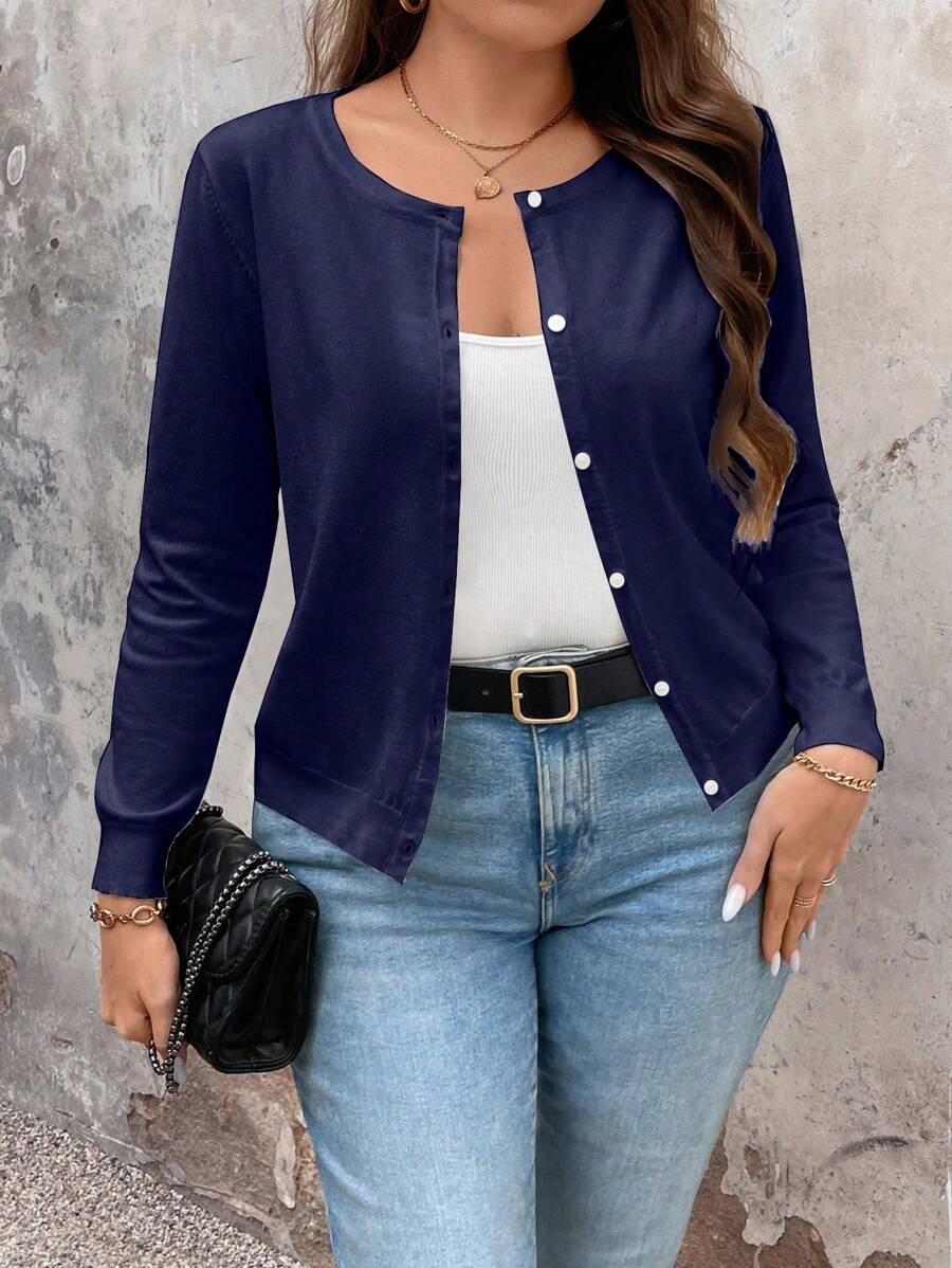 Plus Size Plain Button Front Long Sleeve Casual Jacket, For Winter Fall Cloth For Women - Blue - View 1