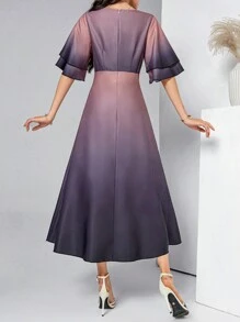 Modelyn 女士优雅渐变色 V 领荷叶边下摆长裙，夏季超长女士装长款晚礼服 - 彩色 - 查看 2