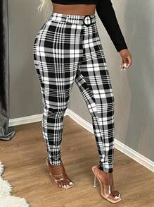 SHEIN SXY Women's Plaid High Waist Slim Leg Pants, Casual Daily Wear High Waisted Pants