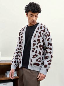 Manfinity VCAY Men's Casual Loose Fit Leopard Print Long Sleeve Cardigan Sweater, For Fall Winter - Multicolor - View 1