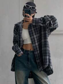 DAZY 女式宽松格子印花落肩长袖休闲衬衫，春秋装，返校服，法兰绒女装 - 藍色 - 查看 9