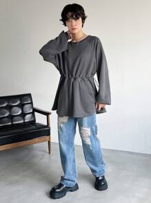 FRIFUL 女士灰色荷叶边下摆圆领T恤，秋装 - 灰色 - 查看 4