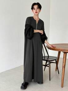 FRIFUL Women's Zipper Half Placket Drop Shoulder Lantern Sleeve Dress With Thermal Lined Fall,Winter - Grey - View 8