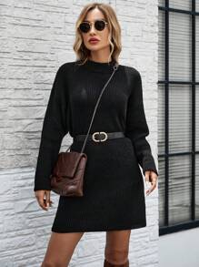 SHEIN LUNE Black Simple High Neck Casual Fashion Streetwear Sweater Dress For Women, Autumn/Winter