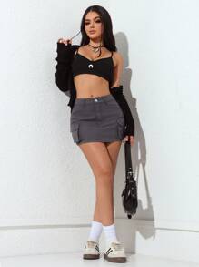 SHEIN PETITE 女士纽扣腰带侧袋时尚牛仔迷你裙 - 灰色 - 查看 4