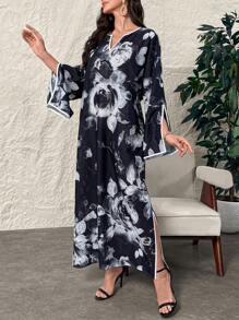 Al Najma Váy thường ngày in họa tiết xẻ tà cổ chữ V dài tay viền tương phản - màu đen - Xem 5