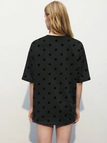Maija 女士波尔卡圆点印花圆领宽松休闲 T 恤，休闲夏季 T 恤 - 黑色 - 查看 5