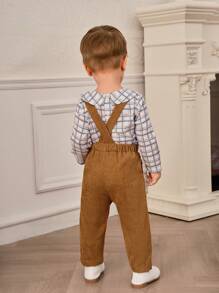 SHEIN 2pcs Baby Boys European Style Long Sleeve Ruffle Collar Top + Corduroy Overalls Set, Spring/Autumn - Brown - View 2