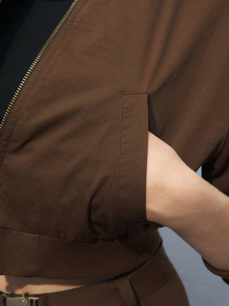 SHEIN Maija Women's Solid Color Long Sleeve Short Casual Bomber Jacket, Spring & Autumn