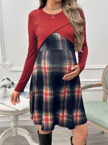 SHEIN 2 件套孕妇哺乳格子吊带背心连衣裙和长袖上衣，孕妇装 - 橘色 - 查看 1