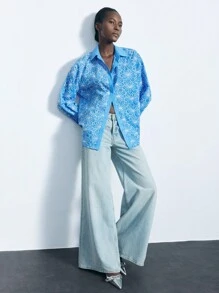 Maija 女式花卉印花简约长袖衬衫 - 藍色 - 查看 1