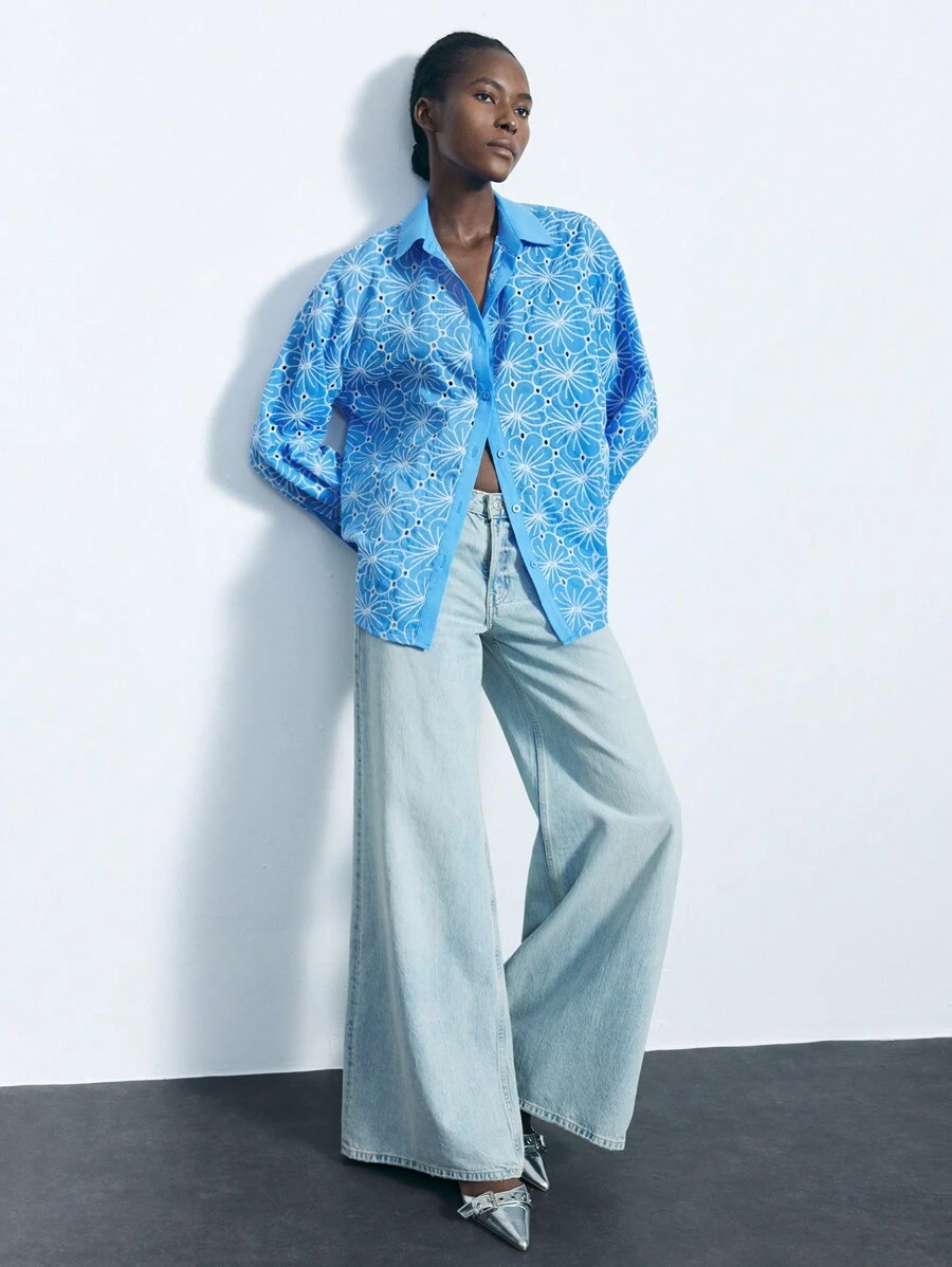 Maija 女式花卉印花简约长袖衬衫 - 藍色 - 查看 1