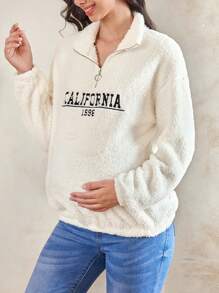 SHEIN Maternity Embroidered Zipper Up Loose Long Fuzzy Sweatshirt, For Winter - Apricot - View 4