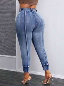 SHEIN SXY Plus Size Front Button Closure Denim Wide Leg Tapered Pants, Casual Daily Wear - Medium Wash - View 2