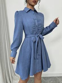 Almamuse Robe mi-longue élégante pour femmes avec manches longues, taille froncée à cordon de serrage et boutons devant - Bleu azur - Voir 5
