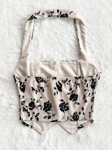 Soleia 女士复古印花露背无袖不对称下摆短款吊带背心，度假装，秋季女装，可内可外穿，感恩节，早午餐，返校节上衣，生日装 - 杏色 - 查看 3