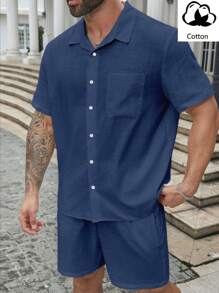 Manfinity Homme 男裝大尺寸純色簡約短袖上衣和短褲套裝，適用於日常穿著 - 藏蓝色 - 查看 1
