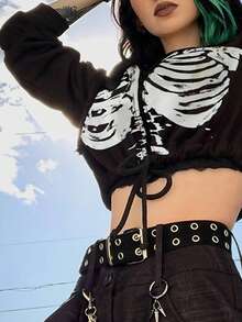 INAWLY Áo hoodie có dây rút in hình đầu lâu dành cho nữ - màu đen - Xem 4