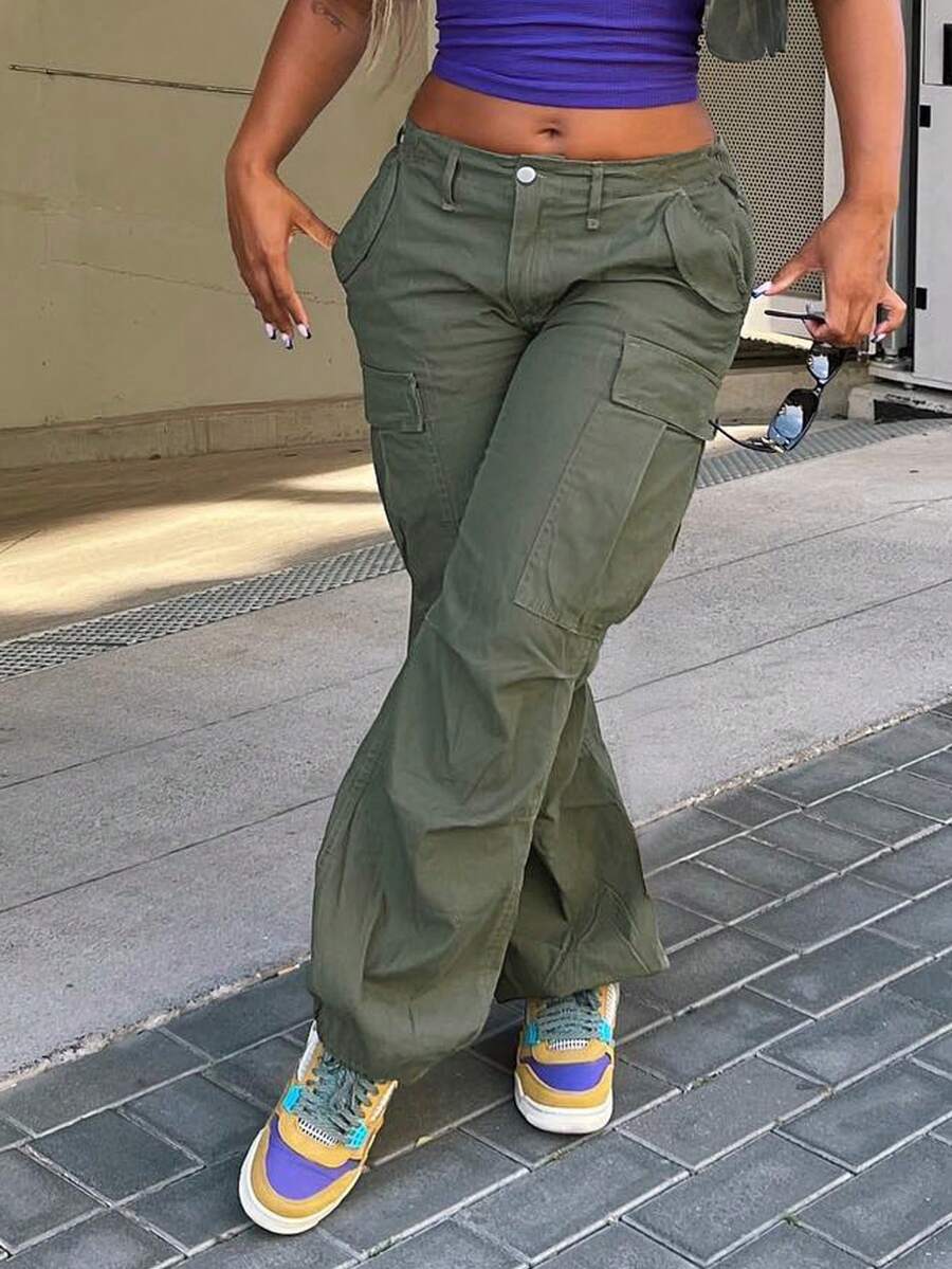 女士休闲直筒工装裤，拉链设计，水洗外观，适合所有季节