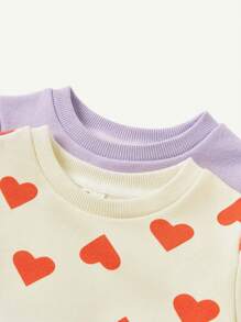 2pcs Baby Girl Heart Pattern Raglan Sleeve Sweatshirt & Letter Graphic Sweatshirt Set - Mauve Purple - View 4