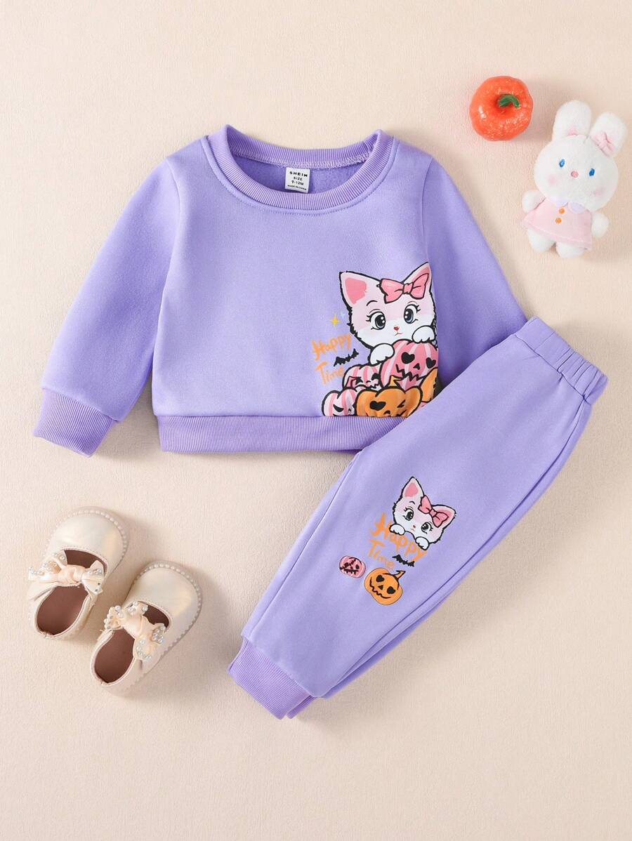 2 件装女婴南瓜和小猫印花羊毛运动衫和裤子套装，2024 年秋冬万圣节 - 紫色 - 查看 1