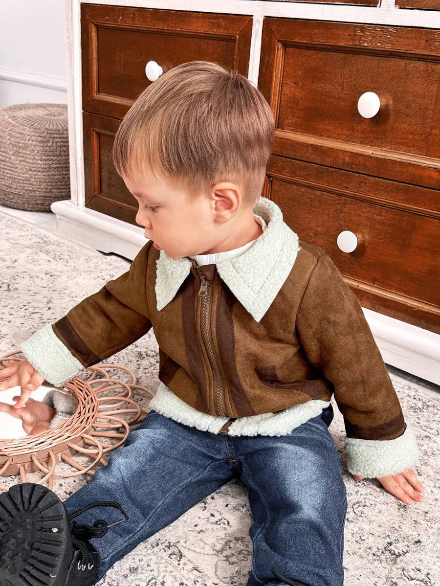 SHEIN 男婴复古仿皮厚羊毛夹克，适合秋冬季 - 棕色 - 查看 1