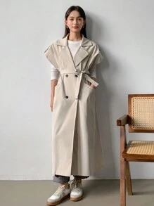 FRIFUL 女士纯色双排扣长款休闲风衣女夹克，秋季女装背心 - 米色 - 查看 4