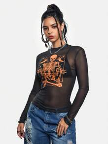 Eljasssss Blusa casual de mujer artista con cuello redondo, estampado de calavera en malla, en negro, estilo Y2K, urbano, oscuro, para Halloween, salidas, festivales, estilo occidental