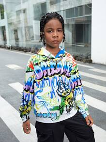 Tween Boy Autumn Graffiti Letter Print Hoodie - Multicolor - View 2