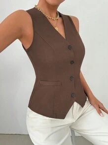 RosyDaze Women's Summer Solid Color Single-Breasted Casual Short Vest - Brown - View 3