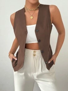 RosyDaze Women's Summer Solid Color Single-Breasted Casual Short Vest - Brown - View 7