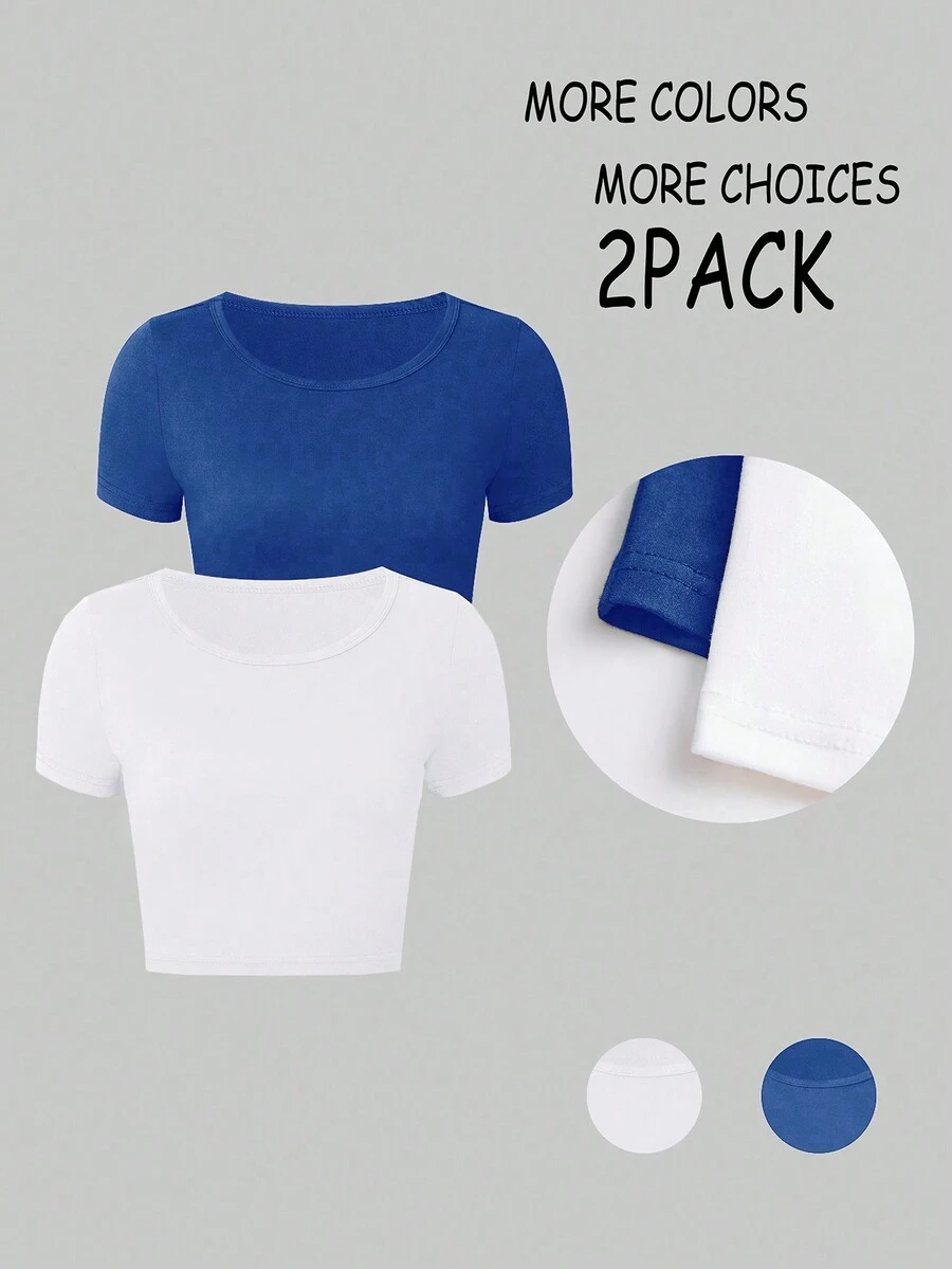 SHEIN Unity Áo thun nữ cổ tròn tay ngắn, dáng ôm quyến rũ, áo phông mùa hè - Xanh đậm - Xem 1