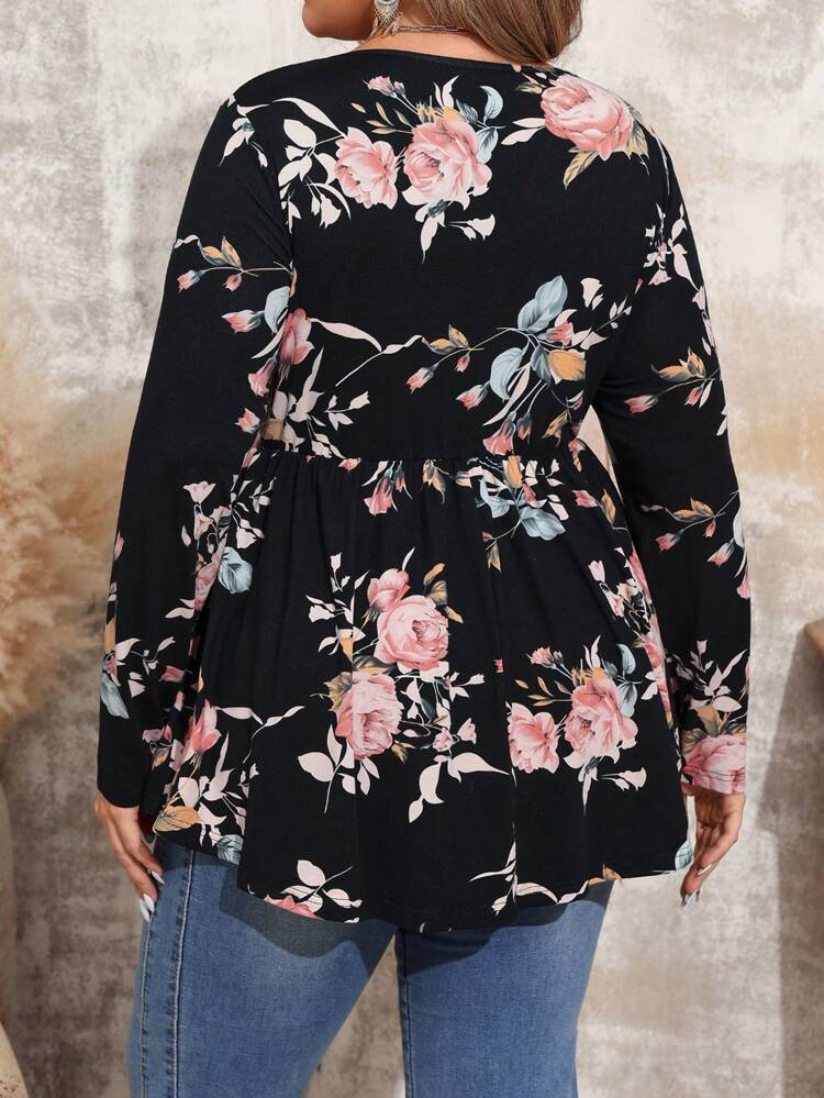 Plus Size Women Black  Floral Print V-Neck Long Sleeve Casual Fall Clothes T-Shirt,Flower/Spring/Summer/Vacation