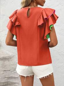 SHEIN LUNE Women's Casual Multi-Color Ruffle Sleeve Blouse - Burnt Orange - View 2