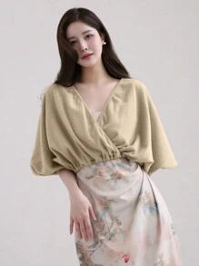 DAZY Women Solid Color Hemline Waist Fitted Short T-Shirt - Khaki - View 5