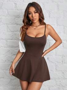 SHEIN PETITE Dây đeo nữ có viền màu trơn có thể bỏ túi thể thao và giải trí Quần Culottes một mảnh chống lộ hàng ngày - màu nâu - Xem 4